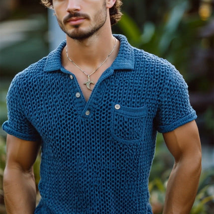 Men's Vintage Style Knitted Polo Shirt | Short Sleeved | Solid Color | Pocket Detail | Casual Classic | Soft Breathable Fabric | Sizes S-3XL | Ideal for Weekend Gatherings | Spring Summer Wardrobe Essential