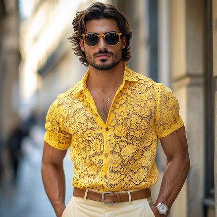 Men's Casual Shirt | Short Sleeve | Lace Lapel Detailing | Button-Front Closure | Relaxed Fit | Soft Breathable Fabric | Elegant Design for Casual Outings & Social Events | Comfortable Cotton Blend | Multiple Sizes