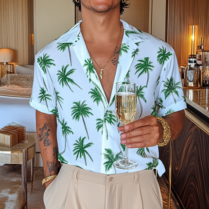 Men's Tropical Palm Tree Shirt | Casual Cuban Collar | Short Sleeve | Loose Fit | Lightweight Summer Beachwear | Button Front | Vibrant Print | Relaxed Comfort | Versatile Style
