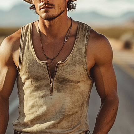 Men's Western Cowboy Tank Top | Retro Zip Design | High-Quality Cotton Blend | Rugged Vintage Style | Versatile Casual Wear | MTA0956E1X