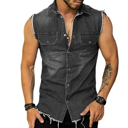 Men's Vintage Washed Denim Shirt | Raw Edge Sleeveless | Lapel Collar | Casual Summer Top | Edgy Style | Premium Soft Cotton | Easy Care | Versatile Fashion | Various Sizes Available