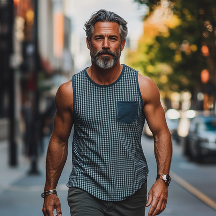 Men's Vintage Houndstooth Tank Top | Contrast Stitching | Round Neck | Loose Fit | Soft Lightweight Fabric | Patch Pocket | Retro Style | Casual Wear | Breathable & Comfortable | Versatile Layering