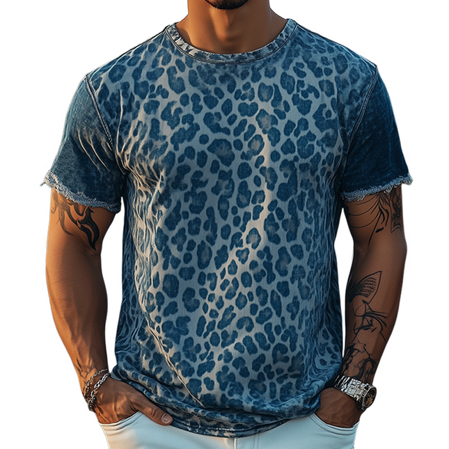 Men's Retro Western Cowboy T-Shirt | Denim Jacquard Fabric | Leopard Print | Short Sleeve | Stylish Vintage Design | Comfortable Fit | Durable | Breathable