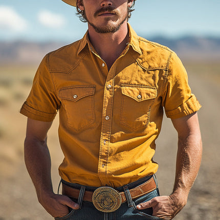 Men's Western Cowboy Shirt | Multi-Pocket | Short Sleeve | Durable Material | Casual Fashion | Classic Rancher Style | Breathable Fabric | Ideal for Outdoor Activities | Stylish Comfort