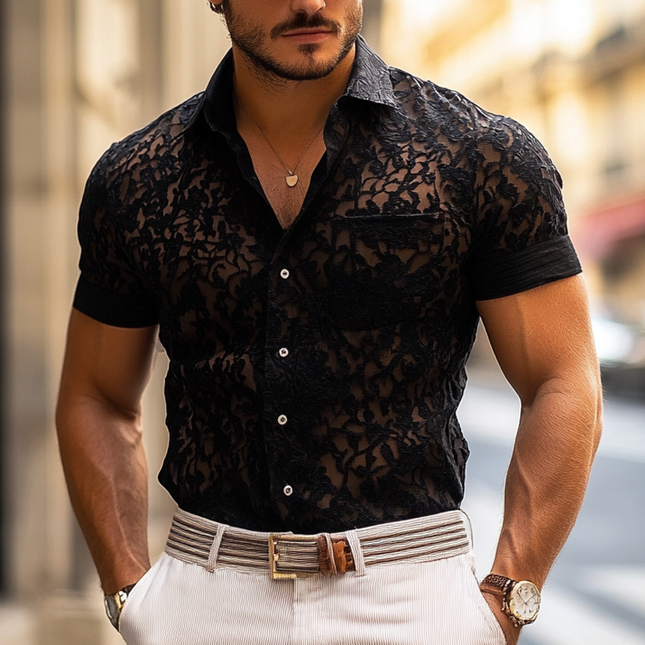 Men's Casual Shirt | Short Sleeve Lace Lapel | Button-Front | Soft Breathable Fabric | Elegant Design for Social Events & Weekend Wear | Fashionable & Comfortable | Various Sizes Available