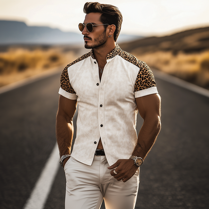 Men's Western Cowboy Style Shirt | Retro Leopard Print | Slim Fit | Short Sleeves | Suede Stitching | High-Quality Fabric | Button-Down | Fashionable & Modern Tailoring