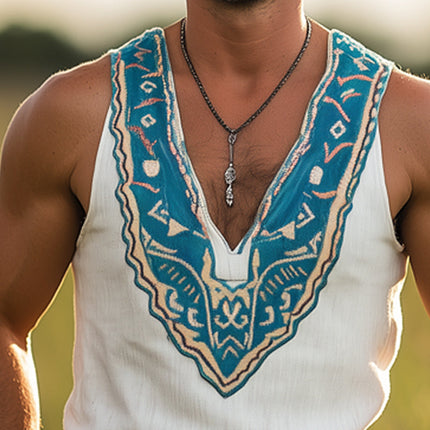 Men's Vintage Western Cowboy Tank Top | Deep V Neck | Sleeveless | Breathable Cotton Blend | Faded Washed | Retro Style | Relaxed Fit | Classic Cowboy Aesthetic | Multiple Sizes Available | Versatile Design