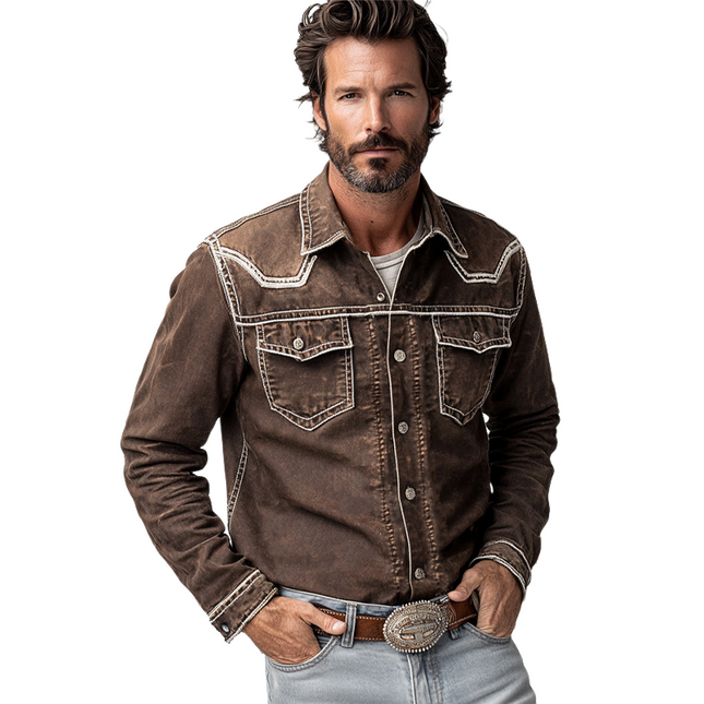 Men's Denim Shirt | Vintage Coffee Wash | Long Sleeve | Regular Fit | Classic Point Collar | Button-Up Front | Two Chest Pockets | Contrast Stitching | Machine Washable | Durable | Casual & Dress Styling
