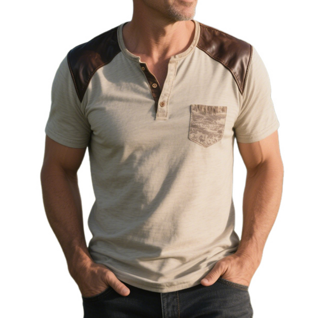 Men's Retro Western Henley T-Shirt | Leather Splicing | Short Sleeve | Breathable Cotton Blend | Vintage Cowboy Style | Classic Ranch Print | Casual Outdoor Wear | S to 3XL | Spring Summer Autumn