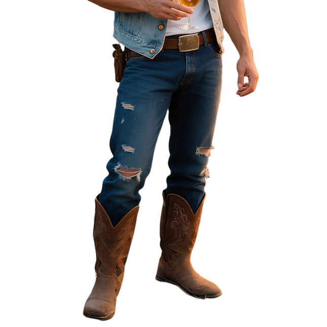 Men's Retro Western Style | Casual Denim | Washed Ripped Jeans | Rugged Straight-Leg Fit | Mid-Rise Waist | Versatile Year-Round Wear | Durable Comfort