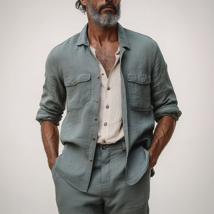 Men's Linen Shirt | Breathable Casual Long Sleeve | Lapel Collar | Chest Pocket Design | Loose Fit | Lightweight Fabric | Versatile Style for Warm Days | Easy Care | Multiple Colors & Sizes Available