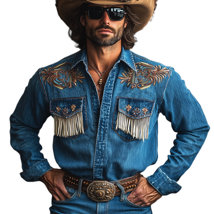 Men's Vintage Dark Blue Western Shirt | Embroidered Tassel Denim | Long Sleeve | Traditional Lapel Collar | Button Closure | Chest Pockets | Durable Cotton | Regular Fit | Casual Wear | Timeless Style