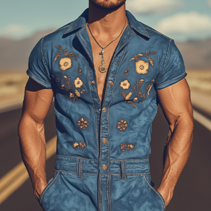 Men's Summer Jumpsuit | Retro Western Cowboy Style | Embroidered Design | Breathable Fabric | Comfortable Fit | Versatile Styling | Functional Pockets | MTA1762D6K