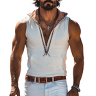Men's Retro Western Cowboy Style Tank Top | Suede Hooded | Deep V-Neck | Printed Ribbon Accents | Sleeveless | Soft Faux Suede Texture | Spring and Summer Fashion