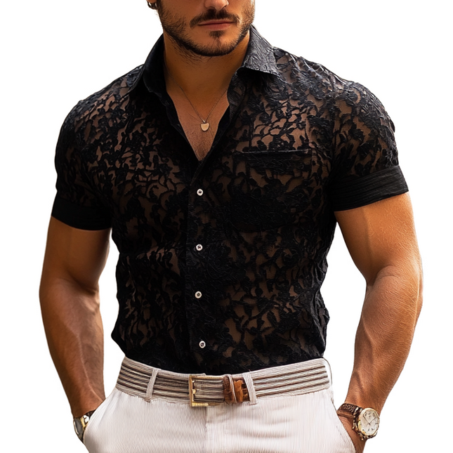 Men's Casual Shirt | Short Sleeve Lace Lapel | Button-Front | Soft Breathable Fabric | Elegant Design for Social Events & Weekend Wear | Fashionable & Comfortable | Various Sizes Available