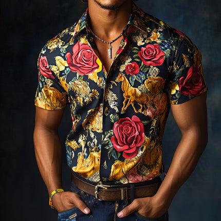 Men's Western Rose Print Satin Shirt | Retro Cowboy Style | Short Sleeve | Luxury Vintage | Satin Lapel | Classic Western Aesthetic | Casual Summer Style | Elegant Design | Comfortable Fit