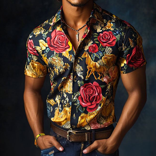 Men's Western Rose Print Satin Shirt | Retro Cowboy Style | Short Sleeve | Luxury Vintage | Satin Lapel | Classic Western Aesthetic | Casual Summer Style | Elegant Design | Comfortable Fit