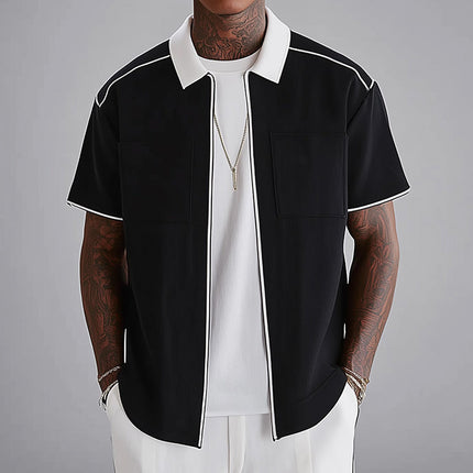 Men's Shirt | Black & White Zip Lapel | Short Sleeve | Casual & Elegant | Polyester-Cotton Blend | Front Zip Closure | Lapel Collar | Versatile Design for Any Occasion | Sizes S-3XL