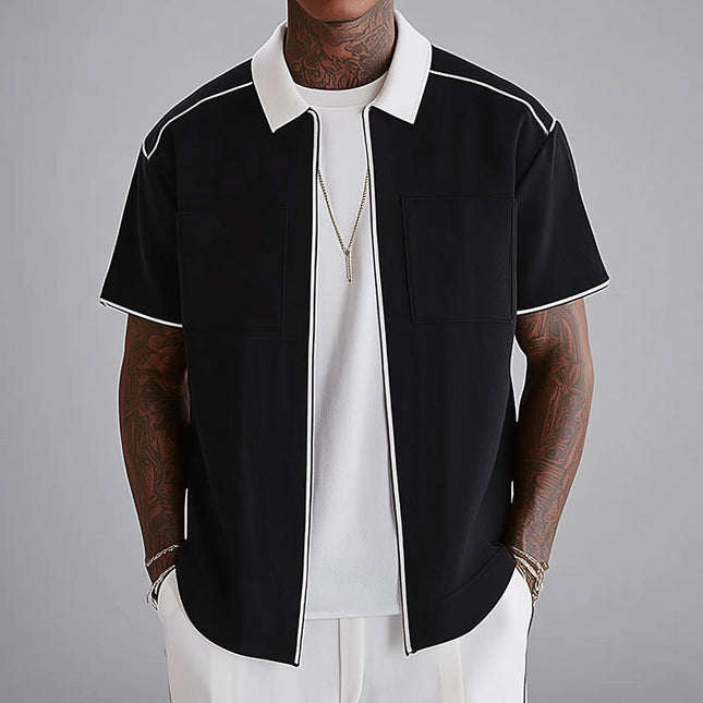 Men's Shirt | Black & White Zip Lapel | Short Sleeve | Casual & Elegant | Polyester-Cotton Blend | Front Zip Closure | Lapel Collar | Versatile Design for Any Occasion | Sizes S-3XL