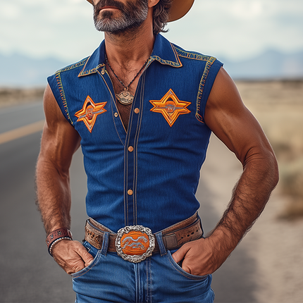 Men's Sleeveless Tencel Denim Shirt | Retro Western Cowboy Style | Embroidered Metal Buttons | Slim Fit | Breathable Summer Wear | Tailored Lapel Collar | Stylish Casual Streetwear