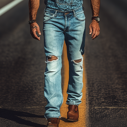 Men's Retro Cowboy Overalls | Washed Denim | Leopard Print | Distressed Knee Holes | Spring & Summer Fashion | Unique Western Style | Trendy Streetwear | Durable & Breathable