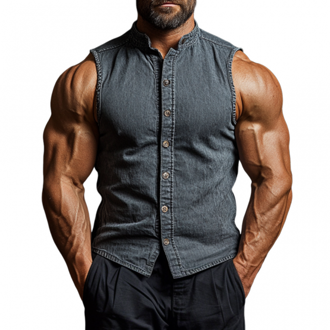 Men's Vintage Washed Distressed Denim Sleeveless Shirt | Stand Collar Slim Fit | Rugged Casual Streetwear | Summer Fashion