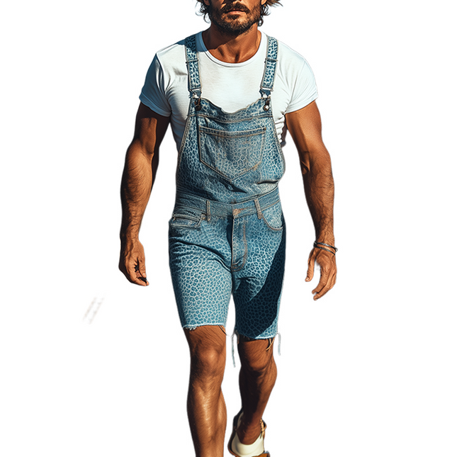 Men's Retro Cowboy Style Denim Overalls | Washed Denim | Leopard Print | Knee-Length | Spring Summer Fashion | Western Cowboy Vintage | Unique Distinctive Rugged Design | Comfortable and Stylish