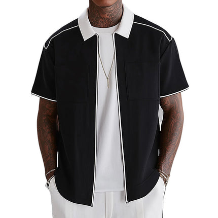 Men's Shirt | Black & White Zip Lapel | Short Sleeve | Casual & Elegant | Polyester-Cotton Blend | Front Zip Closure | Lapel Collar | Versatile Design for Any Occasion | Sizes S-3XL