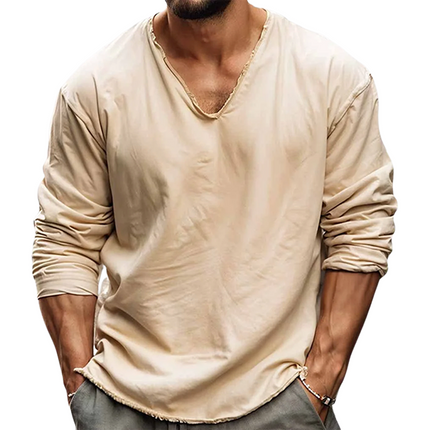 Men's V Neck Long Sleeve T-Shirt | Solid Color | Rolled-Up Sleeves | Loose Fit | Casual Comfort | Versatile Everyday Top