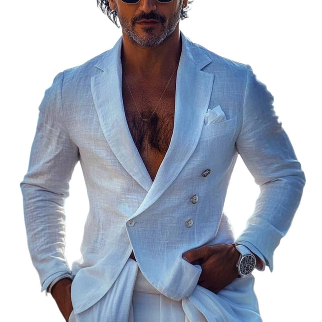 Men's Blazer | Solid Color | Double-Breasted | Cotton Linen Blend | Lightweight | Slim Fit | Notch Lapels | Spring Summer Smart Casual Formal Wear