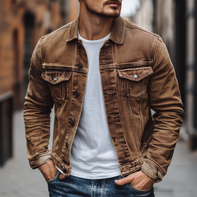 Men's Vintage Washed Denim Jacket | Casual Solid Color Outerwear | Classic Style | Timeless Design | Versatile Layering Essentials | Durable High-Quality Fabric | Functional Pockets | Comfortable Fit