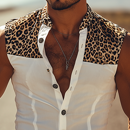 Men's Sleeveless Western Cowboy Shirt | Cotton Blend | Retro Leopard Patchwork | Casual Button-Down | Classic Collared Neckline | Fashionable Relaxed Fit | Perfect for Festivals & Casual Outings