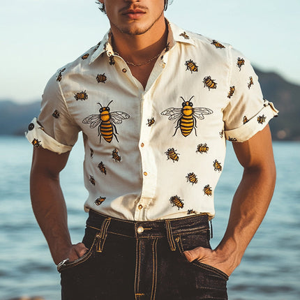 Men's Short Sleeve Shirt | Funny Bee Print | Lapel Collar | Casual Style | Breathable Lightweight Fabric | Relaxed Fit | Vibrant Design | Perfect for Summer Days & Casual Gatherings