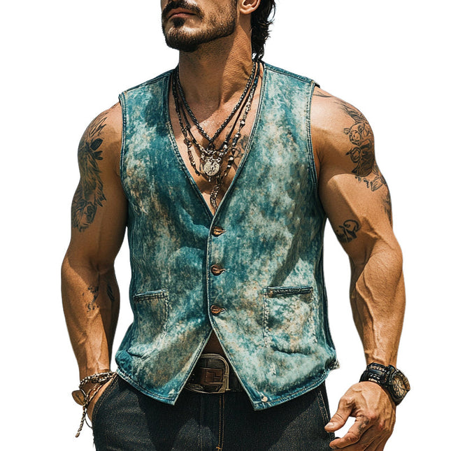 Men's Denim Vest | Vintage Distressed Western Style | V-Neck | Single Breasted | High-Quality Fabric | Classic Fashion | Versatile Outerwear