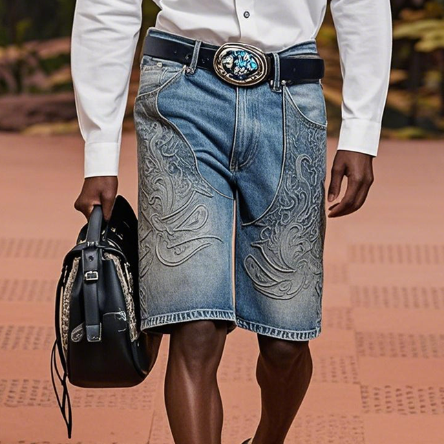 Men's Retro Embroidered Denim Shorts | Vintage Straight-Leg Fit | Casual Summer Style | Durable Denim | Above-the-Knee Length | Regular Waistband | Comfortable Casual Wear | Perfect for Festivals & Outings