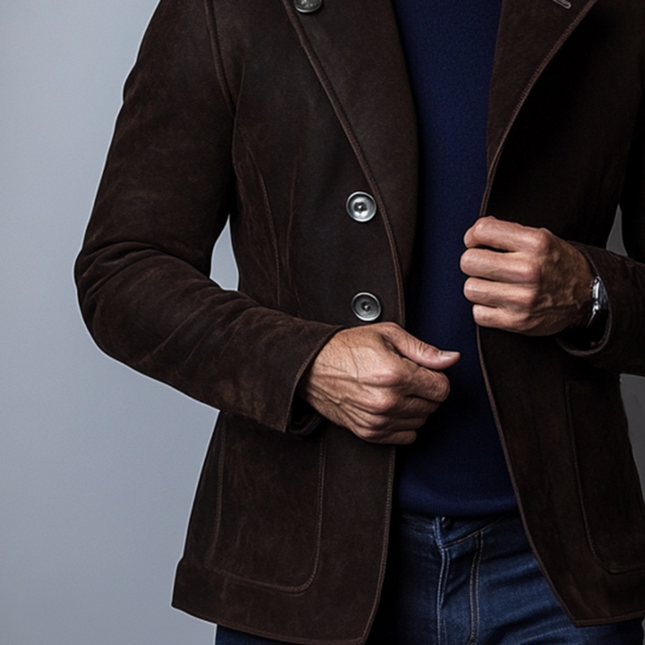 Men's Suede Blazer | Vintage Regular Fit | Single-Breasted | Notched Lapel | Long Sleeves | Solid Color | Button Closure | Multiple Pockets | Fall Winter Outerwear | Versatile Casual Formal Wear