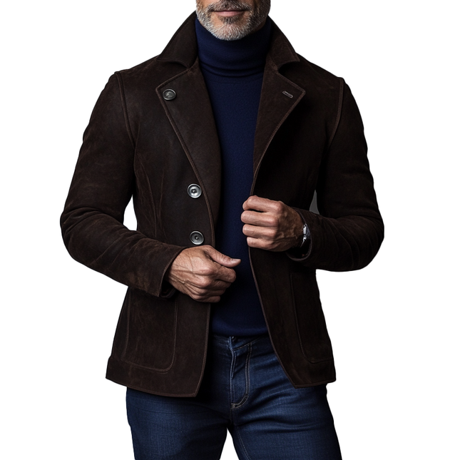 Men's Suede Blazer | Vintage Regular Fit | Single-Breasted | Notched Lapel | Long Sleeves | Solid Color | Button Closure | Multiple Pockets | Fall Winter Outerwear | Versatile Casual Formal Wear