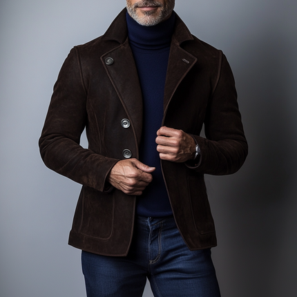 Men's Suede Blazer | Vintage Regular Fit | Single-Breasted | Notched Lapel | Long Sleeves | Solid Color | Button Closure | Multiple Pockets | Fall Winter Outerwear | Versatile Casual Formal Wear
