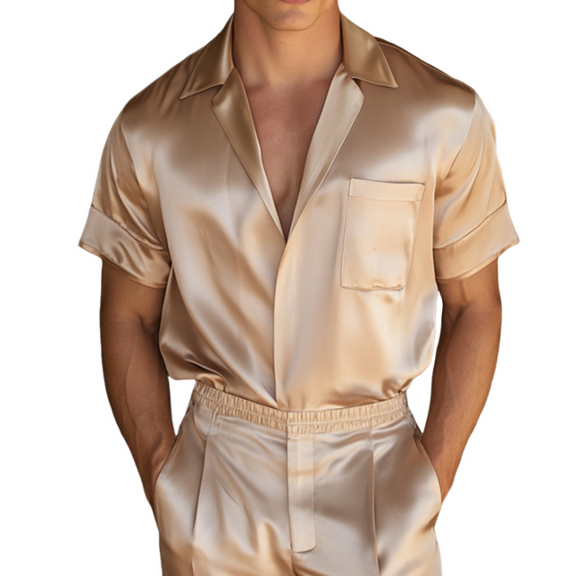 Men's Satin Short Sleeve Shirt | Retro Casual Lapel Collar | Solid Color | Straight Shoulder Design | Summer Spring Fashion | Versatile Dress | Lightweight | Comfortable Fit | Vintage Inspired