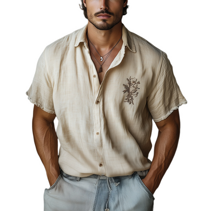 Men's Khaki Tencel Shirt | Short Sleeve | Skin-friendly | Embroidered | Casual & Refined Style | Lightweight & Breathable Fabric | Relaxed Fit | Button-Down | Ideal for Summer & Semi-Formal Occasions