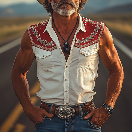 Men's Sleeveless Shirt | Retro Western Cowboy Style | Cotton Linen Blend | Slim Fit | Embroidery Detailing | Breathable Lightweight Fabric | Spring Summer Fashion | Rugged Stitching | Casual Outdoor Wear