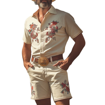 Men's Short Sleeve Shirt and Shorts Set | Western Cowboy Style | Retro Embroidery | Summer Fashion | Lightweight Cotton-Polyester Blend | Lapel Collar | Functional Pockets | Casual Outfit | Sizes S-3XL