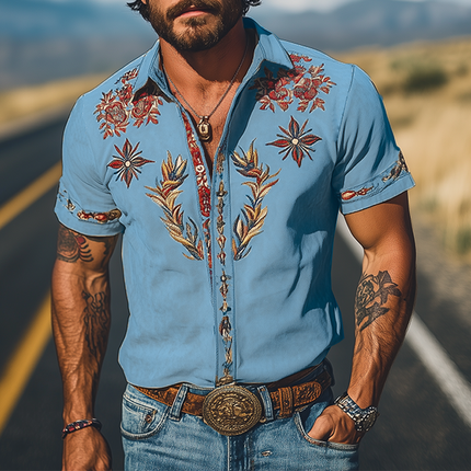 Men's Suede Short Sleeve Shirt | Retro Western Style | Embroidered | Spring & Summer Fashion | Premium Soft Suede | Contemporary Design | Hand-Stitched Details | Breathable & Comfortable | Versatile Wardrobe Essential