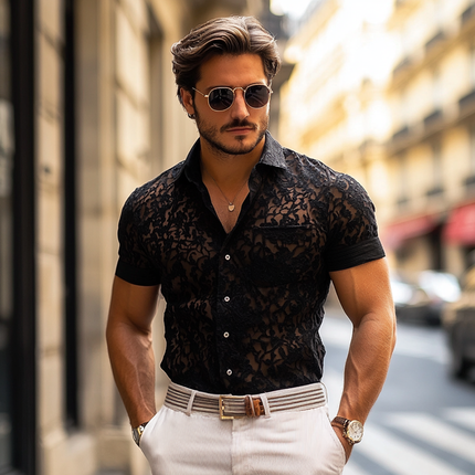 Men's Casual Shirt | Short Sleeve Lace Lapel | Button-Front | Soft Breathable Fabric | Elegant Design for Social Events & Weekend Wear | Fashionable & Comfortable | Various Sizes Available
