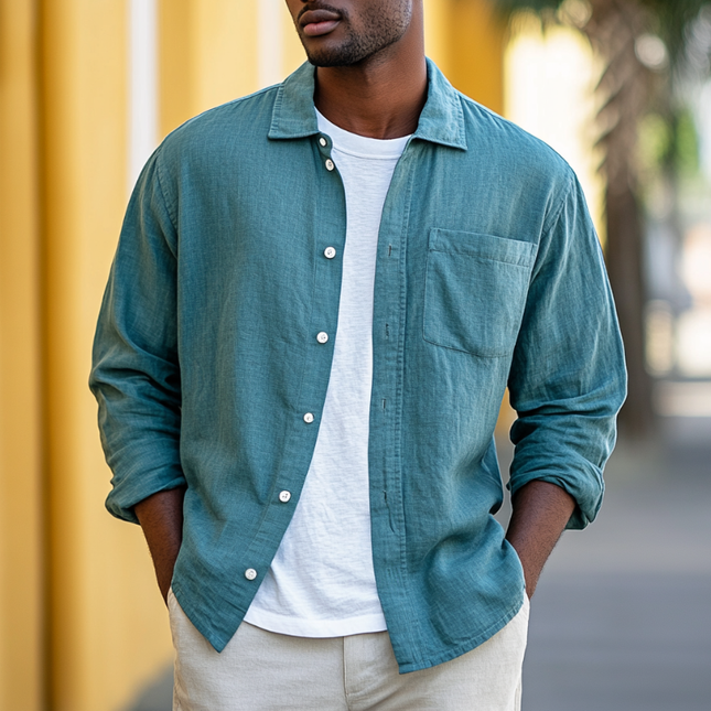 Men's Linen Blend Long Sleeve Shirt | Casual Loose Fit | Breathable | Lapel Collar | Button Down | Lightweight | Versatile Styling | Ideal for Outdoor Activities | Stylish Everyday Wear