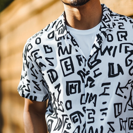 Men's Retro Short Sleeve Lapel Shirt | Vintage Letter Print | Casual Wear | Breathable Cotton Blend | Summer Fashion | Classic Retro Style
