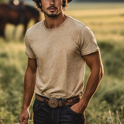 Men's Loose Fit Short Sleeve T-Shirt | Cotton Linen Blend | Round Neck | Western Denim Style | Casual Comfort | Breathable Lightweight | Modern Relaxed Fit | Ideal for Casual Outings | Versatile Classic Shirt