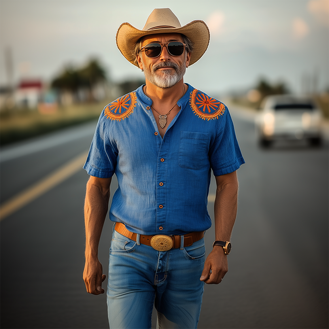 Men's Cowboy Retro Embroidered Shirt | Spring Summer Short Sleeve | Stand-Up Collar | Cotton Linen Blend | Casual Vacation Style | Breathable & Lightweight | Western Inspired | Refined Detailing