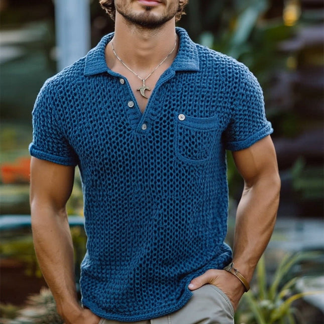 Men's Vintage Style Knitted Polo Shirt | Short Sleeved | Solid Color | Pocket Detail | Casual Classic | Soft Breathable Fabric | Sizes S-3XL | Ideal for Weekend Gatherings | Spring Summer Wardrobe Essential