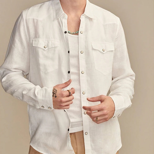 Men's Long Sleeve Cotton Shirt | Summer Comfort Snap Button | Breathable Casual Dress Shirt | 100% Cotton | Regular Fit | Point Collar | Front Chest Pockets | Ideal for Work & Outings